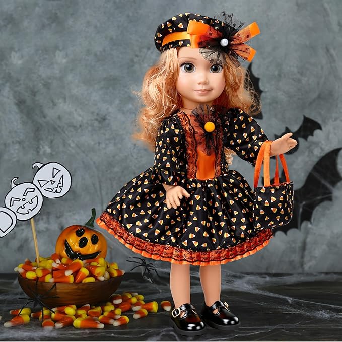 JANYUN 18 Inch Doll Clothes Accessories Halloween Witch Costume Candy Corn Suit Set with Witch Hat Candy Bag for Doll Halloween Costumes Gifts