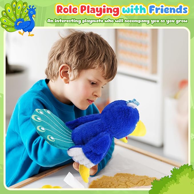Animal Hand Puppets 11 Inch Bird Plush Toucan Owl Eagle Parrot Flamingo Peacock Puppet Toys Role-Play Puppets for Kids Storytelling Imaginative Pretend Play Teaching Preschool(Peacock)
