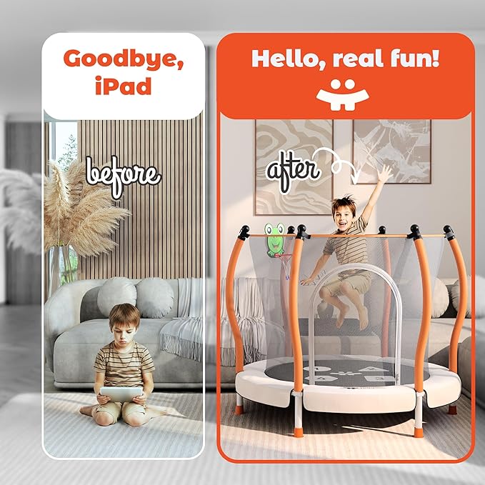 Happin® 55’’ Trampoline for Kids with Safety Enclosure, Indoor & Outdoor Toddler Trampoline, Ultra Safe Design with Multi Activity Accessories, Perfect Toddler Gift for Boys & Girls Ages 1–8