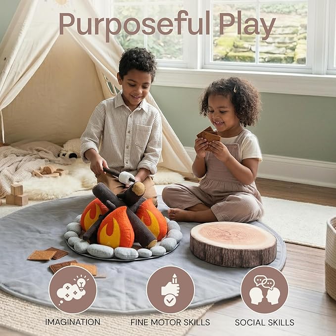Pretend Campfire Set for Kids with S'Mores Kit & Wood Log Pillow - Soft, Safe & Durable Toy Campfire for Pretend Play & Sensory Play - Giftable Plush Felt Kids Campfire Playset for Ages 3+