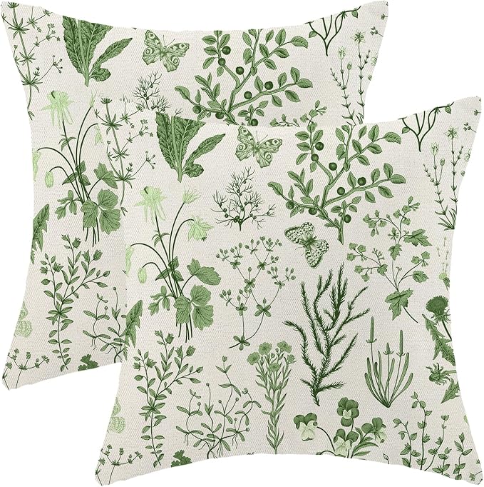 AEIOAE Summer Pillow Covers 22x22 Inch Set of 2,Olive Green Wild Flower Plant Throw Pillows Case,Seasonal Floral Outdoor Decorative Square Linen Farmhouse Decor Cushion Covers for Home Sofa Bed Couch