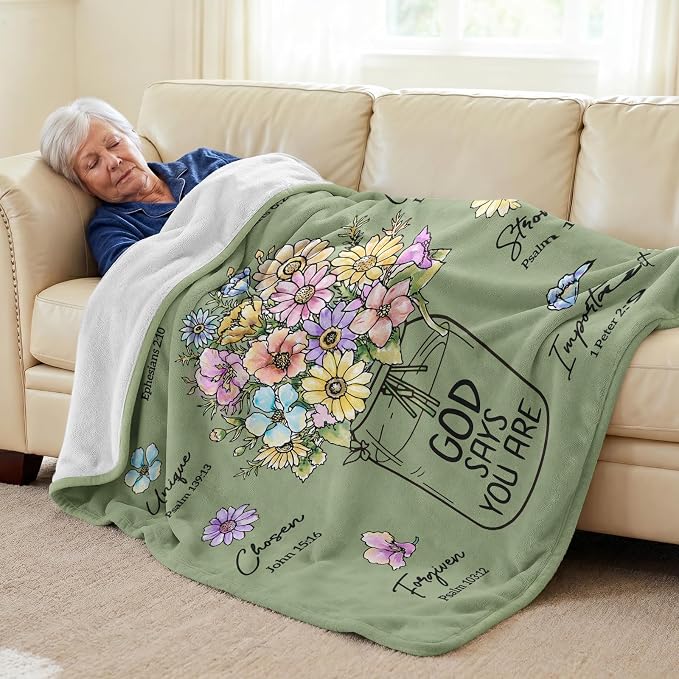 Christian Religious Gifts for Women, Birthday Gifts for Women Mom Sister | Christmas Baptism Confirmation Spiritual Gifts for Girl daughter Grandma, Throw Blankets with Flowers 60''x 50'', Sage Green