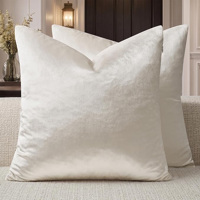 GIGIZAZA Velvet Pillow Covers 24x24 Decorative Pillows Pack of 2 Ivory | Beige Throw Pillows for Couch Sofa,280gsm Soft Textured Fabric,Modern Square Pillowcases,Luxury Cushion Covers