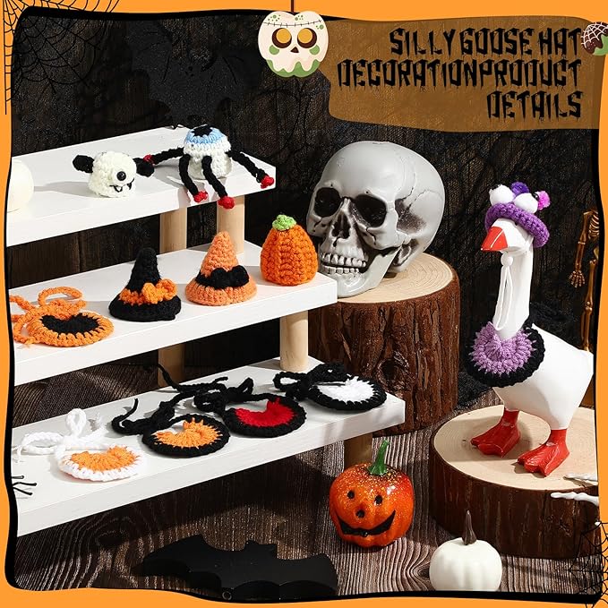 Geyoga 6 Pcs Mini Desk Goose Outfits 7 Inch Mini Knitting Hat and Bandana Knitting Desk Goose Headwear Bibs Accessory for Magnetic Statue Table Decor Gifts (Spooky Style)