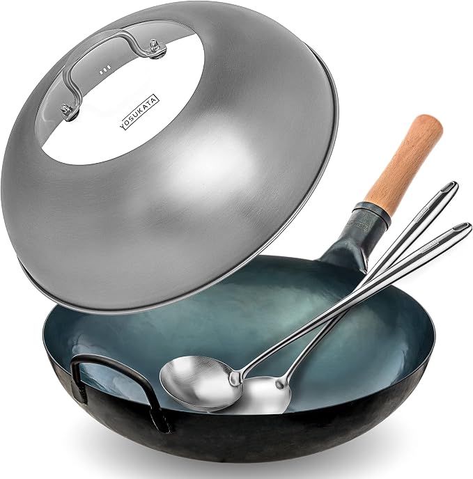 YOSUKATA Blue Carbon Steel Round Bottom Wok Pan 14" + Stainless Steel Wok Lid + 17’’ Spatula and Ladle - Set of 2 Heat-Resistant Tools