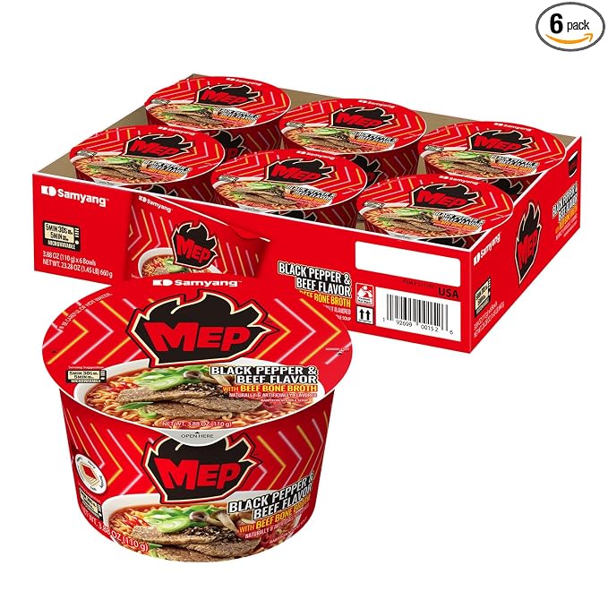 MEP Black Pepper Beef Korean Spicy Ramen Noodle Soup, 3.88 oz Bowls 6-Pack | Rich beef bone broth with aromatic black pepper kick; Chewy qq-texture noodles; Microwave-ready in minutes;
