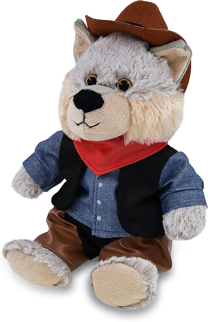 DolliBu Sitting Wolf Stuffed Animal Cowboy Plush with Name Personalization - Western-Themed Wolf Plush with Cute Cowboy Costume Denim Shirt Vest, Bandana, Leather Pants, and Hat - 9 Inches