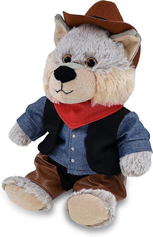DolliBu Sitting Wolf Stuffed Animal Cowboy Plush with Name Personalization - Western-Themed Wolf Plush with Cute Cowboy Costume Denim Shirt Vest, Bandana, Leather Pants, and Hat - 9 Inches