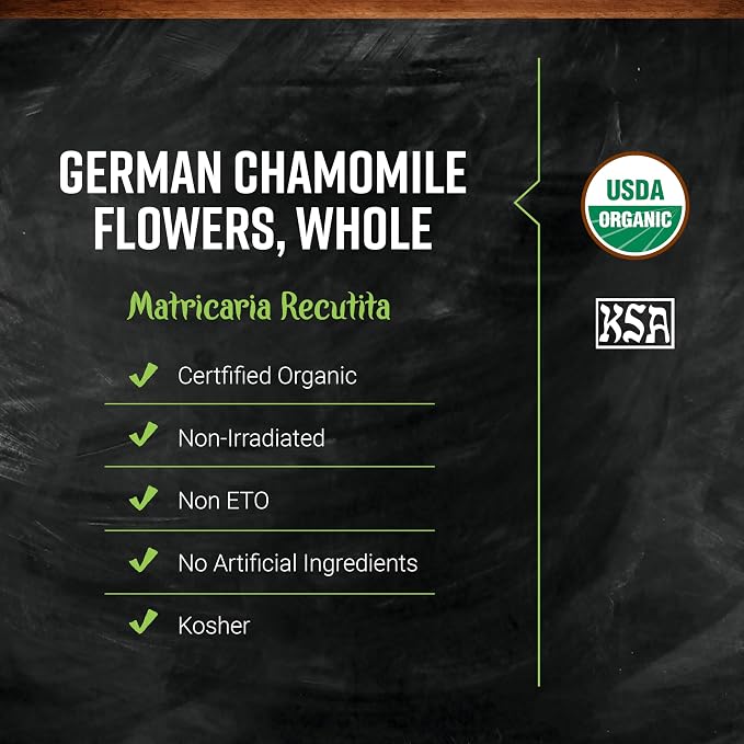 Frontier Co-op Organic German Whole Chamomile Flowers, 1-pound Bulk Bag, Makes Relaxing/Calming Tea, Kosher, Non Irradiated