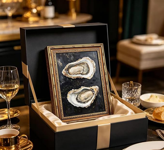 Vintage Gold Framed Oyster Wall Art Dark Moody Seafood Shell Shel Painting Canvas Print Black Background Seafood Still Life Picture Wall Decor Oyster Paintings Poster Artwor for Kitchen Dining