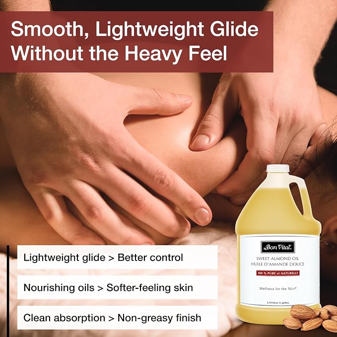 Bon Vital' Sweet Almond Oil Skin & Hair Moisturizer & Gentle Massage Oil, Carrier Oil for Diffusers, Improve Hair Texture and Hydrate Skin, 100% Pure Massage Therapy Oil, 1 Gallon