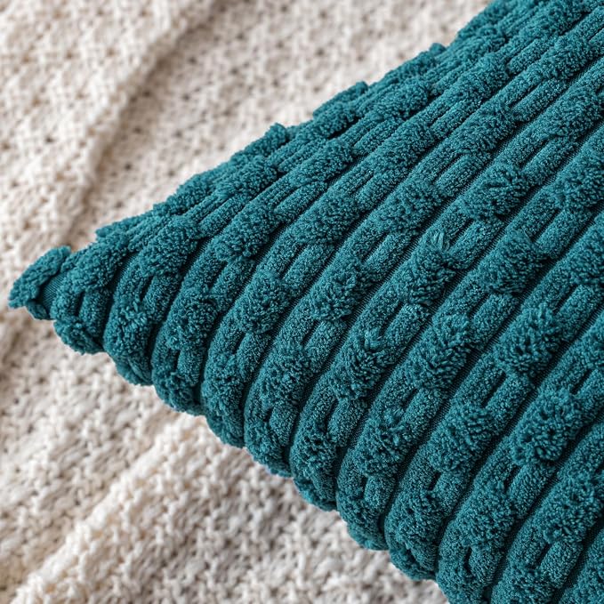 MIULEE Lumbar Decorative Throw Pillow Covers 12x20 Teal Blue Corduroy | Textured Striped Pack of 2 Striped Pillow Covers Modern Farmhouse Home Decor for Couch Bed Sofa Living Room