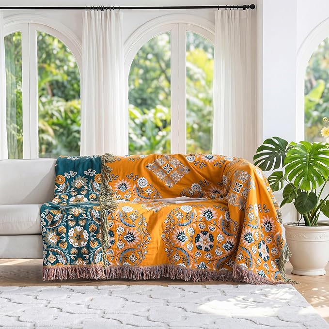 LUTBM Boho Throw Blanket for Bed 60"x80", 100% Cotton Yellow Couch Blankets | Reversible Floral Jacquard, Soft All-Season Twin Quilt, For Chair Sofa Living Room Decor, Lightweight Breathable, Women Gift