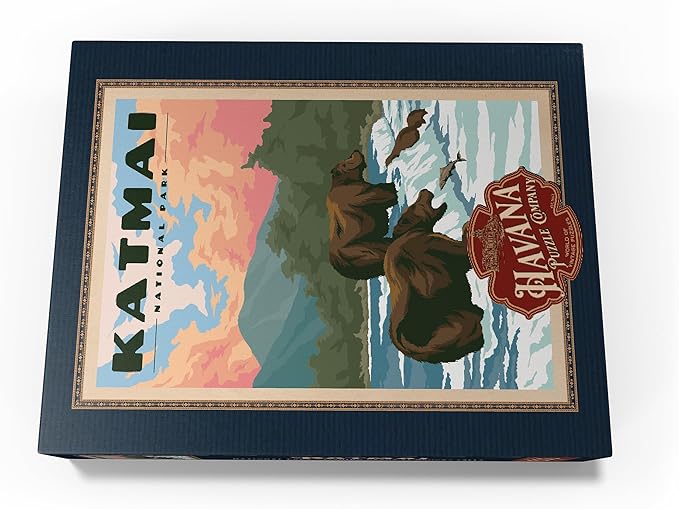MyPuzzle Katmai National Park - Fishing Bears at Brooks Falls, Vintage Travel Poster - Premium 500 Piece Jigsaw Puzzle for Adults