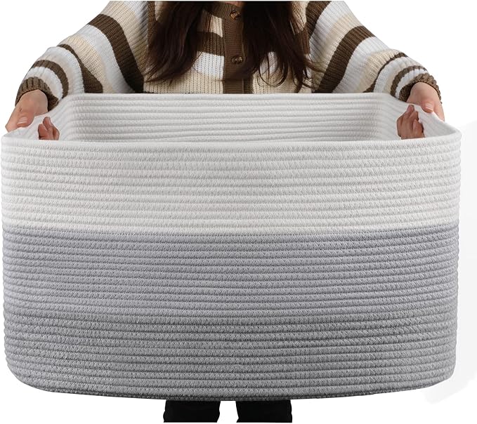 OIAHOMY Large Blanket Basket, 22”x17”x12” Laundry Baskets, Nursery Blanket Storage Living Room, Toy Storage With Handle, Rectangle Woven Baskets-Gradient Grey