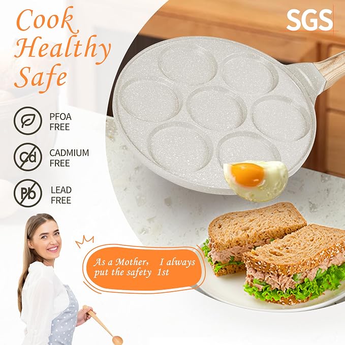 10.5" Pancake Pan Suitable for All Cooktops 7-Cup Pancake Maker 1-Pack | Beige, PFOA Free, 7-Cup, Mini Silver Dollar Gril, Stay-Cool Handle, Mini Pancake Pan,