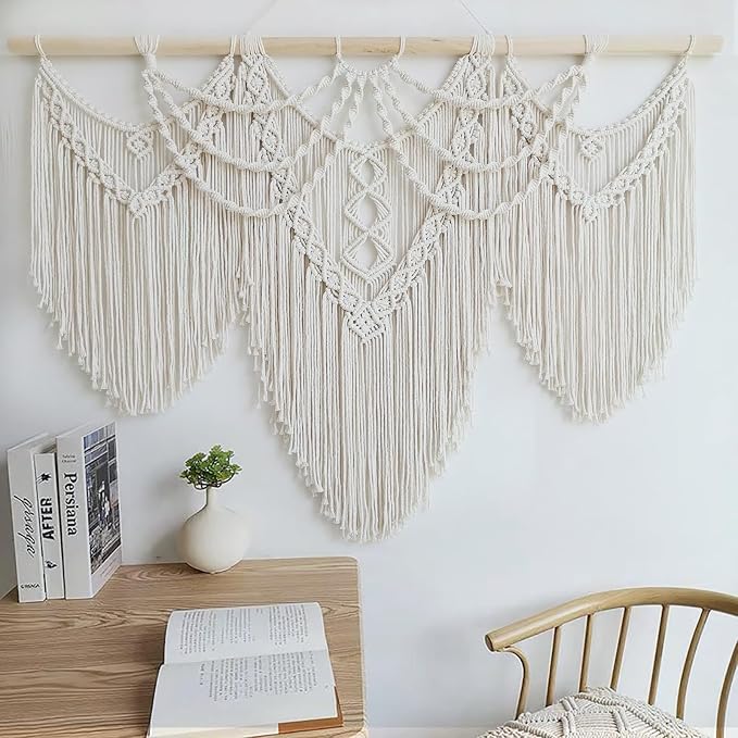 Achart Macrame Wall Hanging Large- Boho Wall Decor- large wall art- Wall Decor Living Room- Macrame Tapestry Boho Decor for Bedroom (Beige-Fringe)