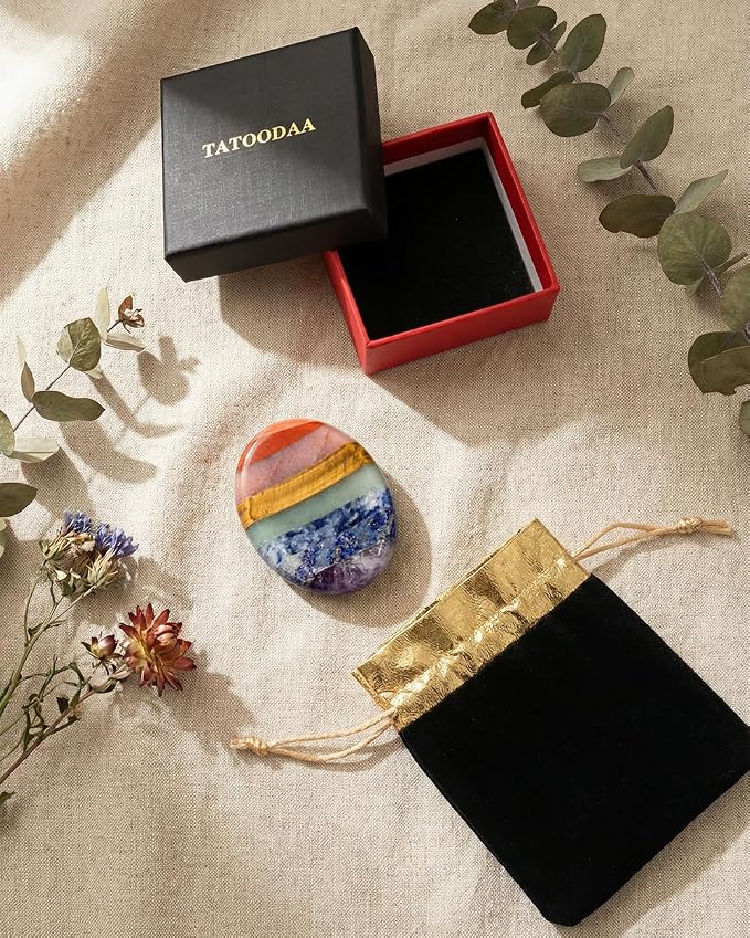 7 Chakra Thumb Worry Stone for Anxiety Relief - Natural Healing Crystals for Stress Relief, Meditation & Reiki - Oval Pocket Sensory Fidget Alleviate - Spiritual Birthday Gifts for Women & Mom