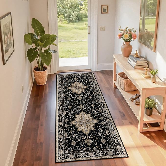 RELEANY Area Rugs Runner 2'x6' Washable Non-Slip, Floral Vintage Distress Medallion Carpet for Kitchen Hallway Bedroom Beside Laundry Room Bathroom, Black Brown Neutral Dark Tan