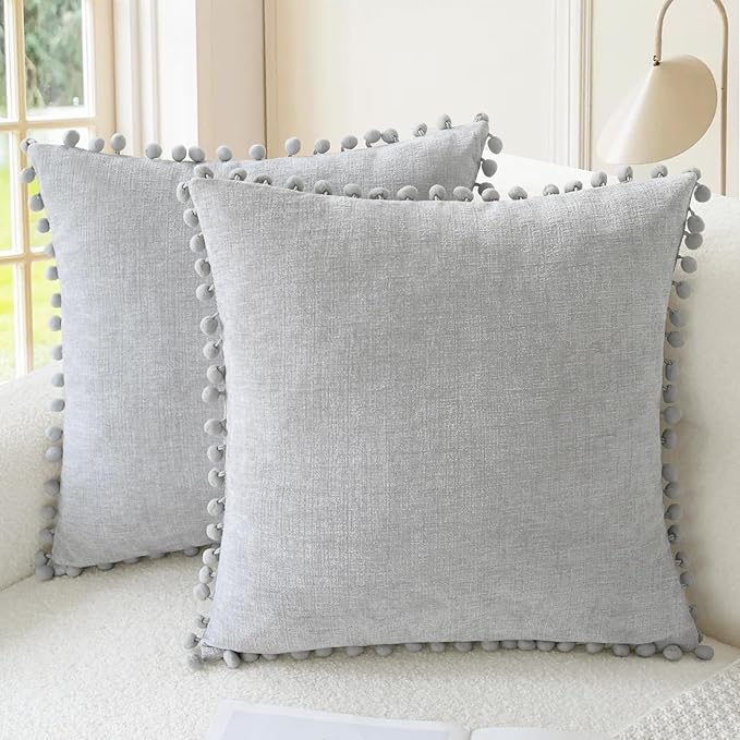 CaliTime Decorative Couch Throw Pillow Covers 18 X 18 Inches Moonbeam Gray | Pack of 2, Cozy Chenille Cushion Cases, with Pom Poms for Sofa Bed Living Room Farmhouse Home