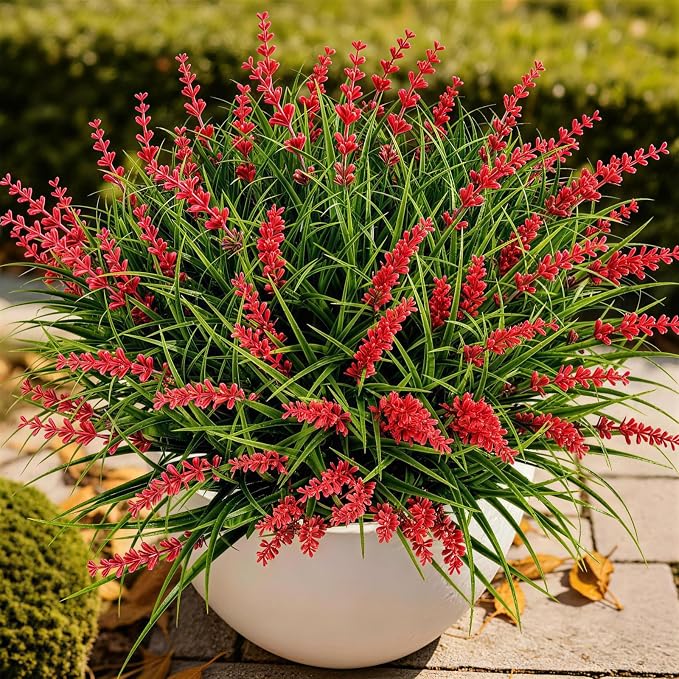 Gipsot 15 Bundles Artificial Faux Plants Flowers UV Resistant No-Fade, Adjustable Height Fake Greenery Indoor & Outdoor Decor for Window Garden Porch Patio Pathway Hanging Planter Front Yard, Red
