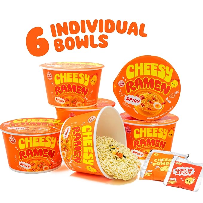 Cheesy Ramen (Bowl) – Spicy Flavor | Bold, Creamy & Cheesy Korean Instant Bowl Noodles with a Spicy Kick, 3.17 oz (Pack of 6)