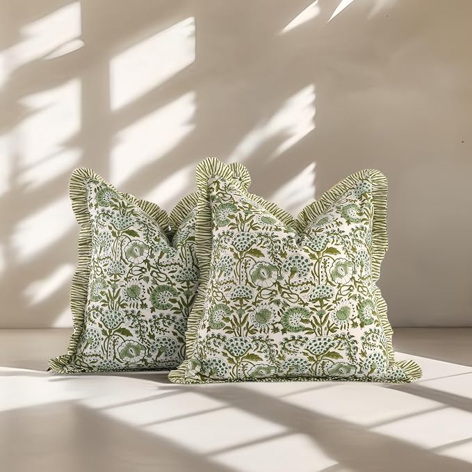 CPC Block Print Ruffle Throw Cover Agate Green 24"x24" Inch Pack of 2-100% Cotton Ruffle Couch Decorative Boho Pillows Case for Living Room, Bedroom, Sofa, Farmhouse Gift for Spring, Mother's Day