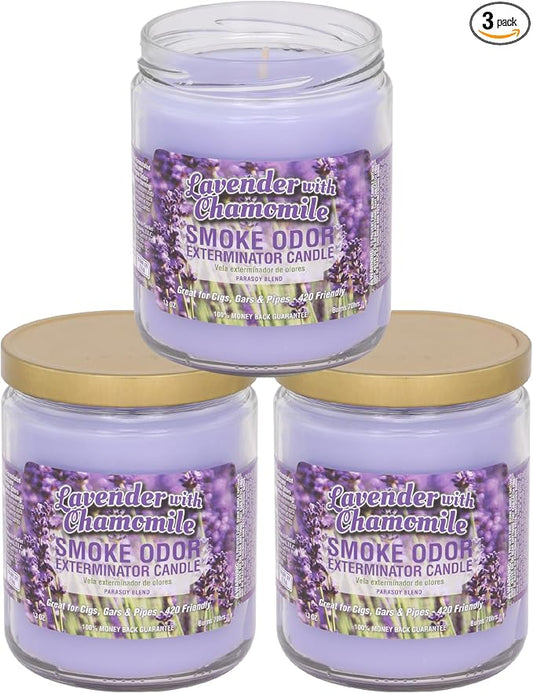 Smoke Odor Exterminator 13 oz Jar Candles Lavender Chamomile, (3) Set of Three Candles.