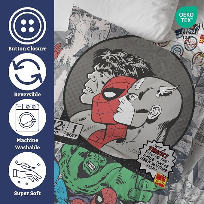 Jay Franco Duvet Cover Set – 3 Piece Comforter Cover and Sham Set, Super Soft Cozy Kids Bedding (Insert Not Included) Grey - Marvel Comics, Queen
