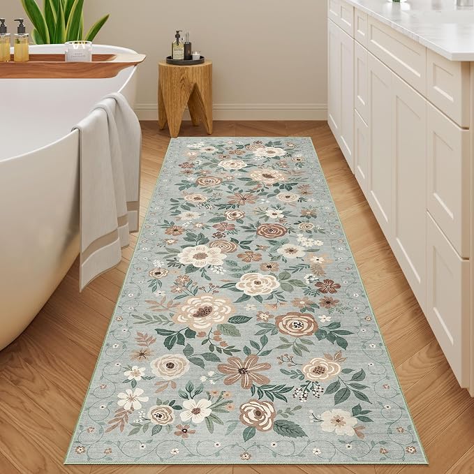 DUKINO 2x6 Runner Rug for Hallway Washable Kitchen Rugs Non Slip Sage Green | Low Pile, Soft, Floral Indoor Rug for Entryway, Bedroom, Laundry, Bathroom, Pet Friendly, Lightweight, Modern Home Decor