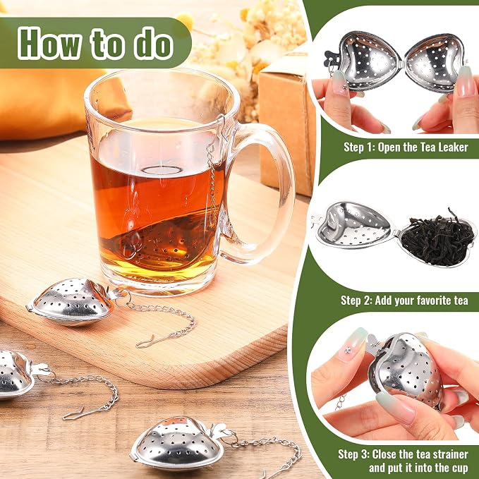 Sumind 100 Pcs Tea Strainer Stainless Steel Tea Ball Infuser Loose Leaf Tea Steeper Tea Interval Diffuser Heart Shape Mesh Tea Filters with Extended Chain Hook for Seasonings Cup Bottle (Silver)