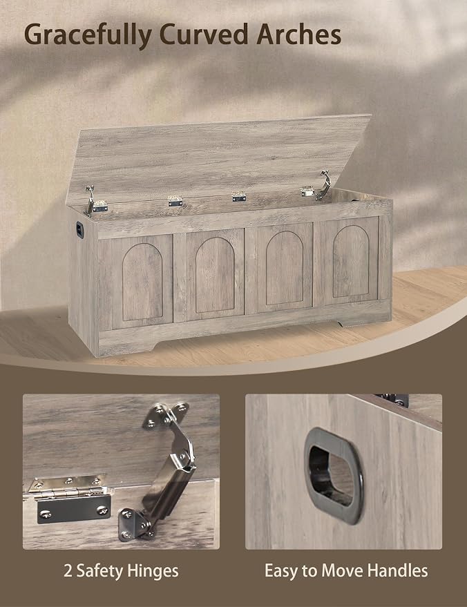 Storage Chest, Wooden Toy Box, Greige 47.2" L | Entryway Shoe Bench, 2 Soft-close Hinges, Finger-safe Flip-Top Lid, Easy Assembly, Farmhouse Large Trunk, Living Room/Bedroom