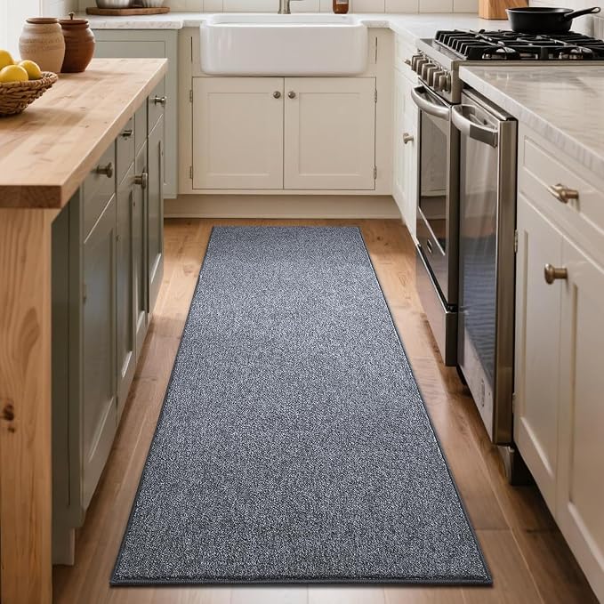 FinRèc 2x6 Washable Runner Rugs for Kitchen Hallway Bedroom, Low Pile Thin Rug Solid Color, Non-Slip Carpet Indoor for Home Decor (Grey Blue/White)