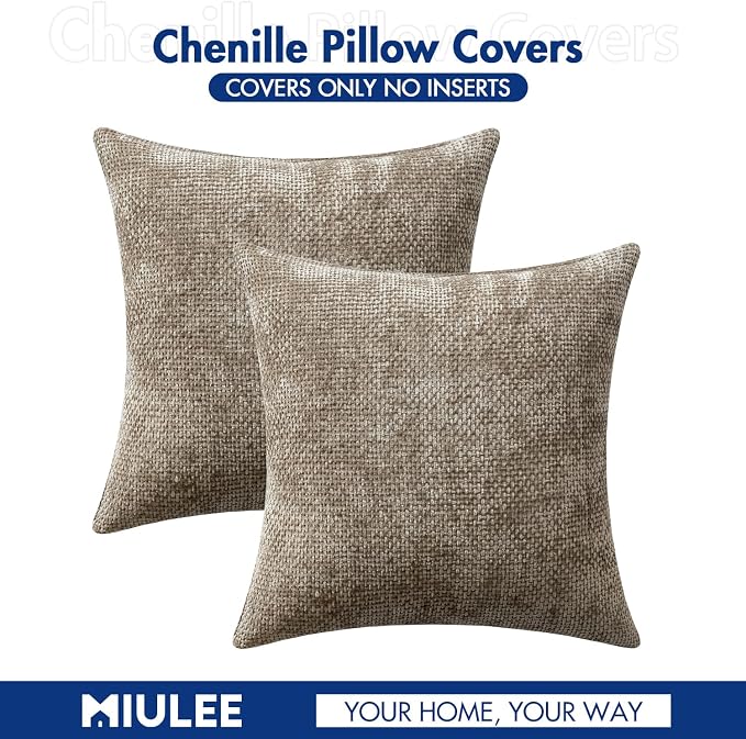 MIULEE Decorative Neutral Khaki Euro Sham Pillow Covers 24x24 Inch 2 Pack | Modern Boho Accent, Soft Chenille Pillow Covers, Farmhouse Cushion Cases for Home Decor Bed Sofa Living Room