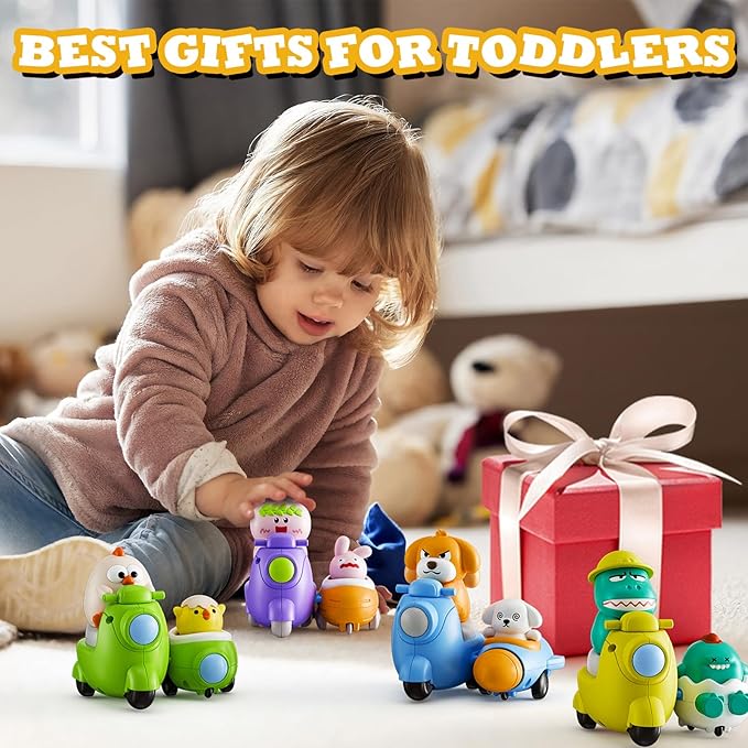 Press and Go 4-Pack Animal Car Toys for Toddlers 1-3, Dinosaur Toy Push Cars for 1 Year Old Boys Girls - Baby Toys 12-18 Months, Safe Push & Go Vehicles for 1st Birthday Gifts & Christmas.