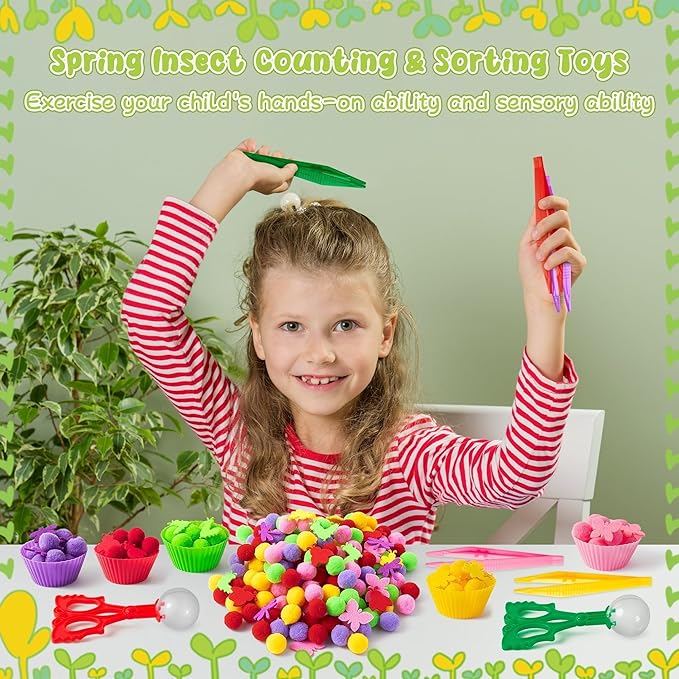 EZdhuawuse Fall Insects Sensory Bin Fillers - 268Pcs Insects Fine Motor Toys Color Counting Sorting Set for Kids, Felt Dragonfly Butterfly Bugs Pom Poms Cup Clip for Preschool Education Activities