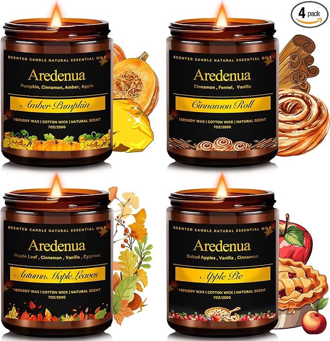 Fall Candle Set – 4 Pack Autumn Seasonal Candle Gift - Scent of Autumn Leaves & Apple Pie,Cinnamon,Pumpkin, 28oz Soy Candles for Home Scente, Christmas Cozy Winter Gifting