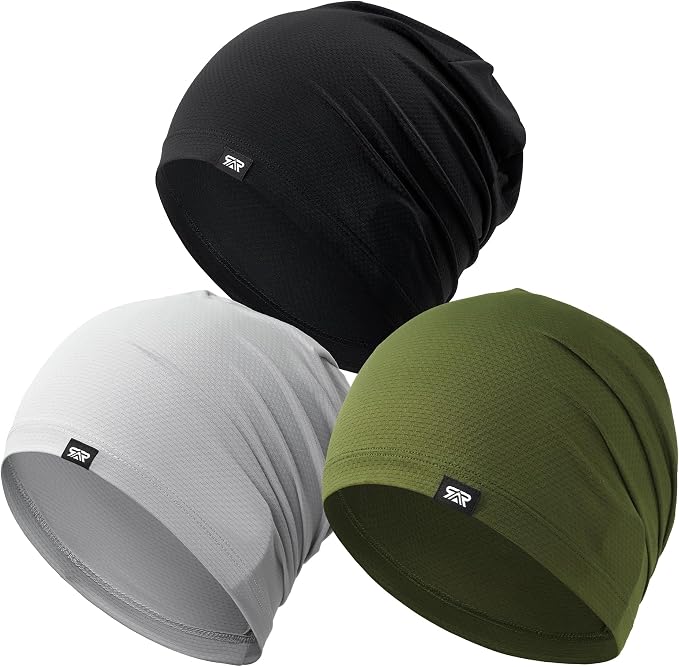 QINGLONGLIN Cooling Skull Cap Sweat Wicking Breathable for Men Women 3 Pack | Lightweight Quick Dry Beanie & Helmet Liner, Stretch Non-Slip Fit Under Hard Hat, Construction Gym Cycling Running Workout