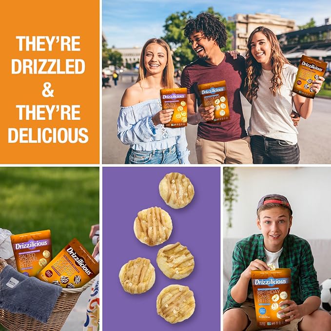 Drizzilicious Mini Flavored Rice Cakes Salted Caramel - Rice Crisps, Healthy Snack for Adults and Kids, Vegan, Gluten Free Snack, Allergen Free, Only 90 Calories Per Bag - 0.74 oz (Pack of 10)