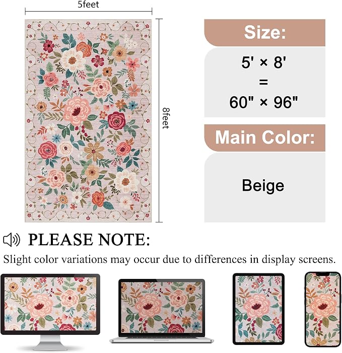 DUKINO 5x8 Area Rug for Bedroom, Soft Floral Washable Rug Non Slip, Beige | Low Pile, Non-Shedding Thin Indoor Rug for Living Room, Dining Room, Kids Room, Office, Nursery, Pet Friendly, Home Decor