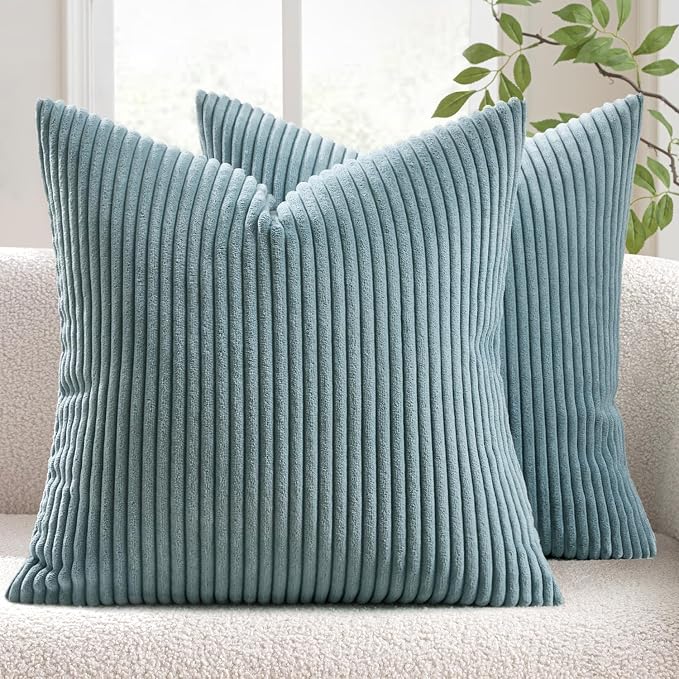 MIULEE Decorative Corduroy Throw Pillow Covers Set of 2 20x20 Smoky Blue | Soft Striped Textured Cushion Cases, Boho Coastal Square Pillowcases for Home Decor, for Couch Chair Sofa Bed Living Room