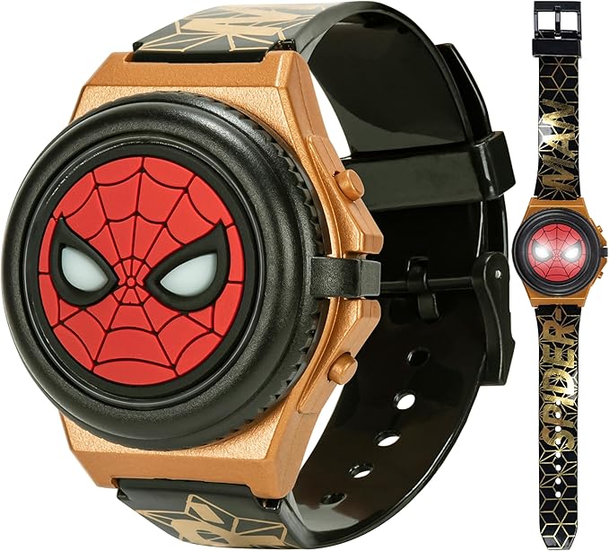 Marvel Spider-Man Kids' LCD Watch – Light-Up Flip Top Design with Glowing Eye Cover, Gold-Tone Accents, and Adjustable Silicone Strap – Durable and Fun for Ages 5+