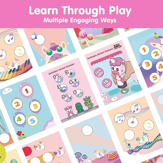 iPlay, iLearn Unicorn Stamp & Sticker Toy, 400+ Stickers & 18-Page Stamper Activity Book, Toddler Art Crafts Kit for Road Trip Travel, Creative Educational Birthday Gift 3 4 5 6 7 8 Year Old Girls Kid