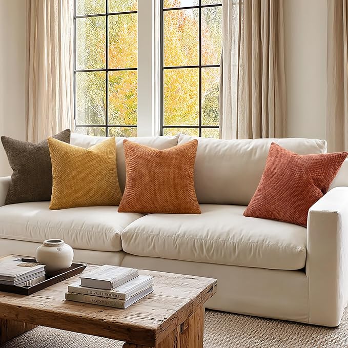 MIULEE Decorative Chenille Fall Pillow Covers Orange Brown 20x20 Pack of 4 | Rustic Decor, Autumn Harvest Orange Collection, Couch Throw Pillows, Farmhouse Boho Cushion Covers for Sofa Bed Living Room