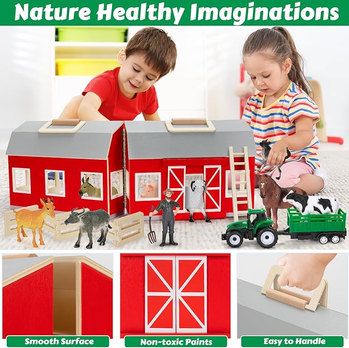 GMAOPHY Farm Animals Toys for 3+ Year Old Toddlers Girls Boys, Big Wooden Barn Farm with Figures Animals Toy for Kids, Farm Playset Educational Learning Toys, Ideal Christmas Birthday Gifts