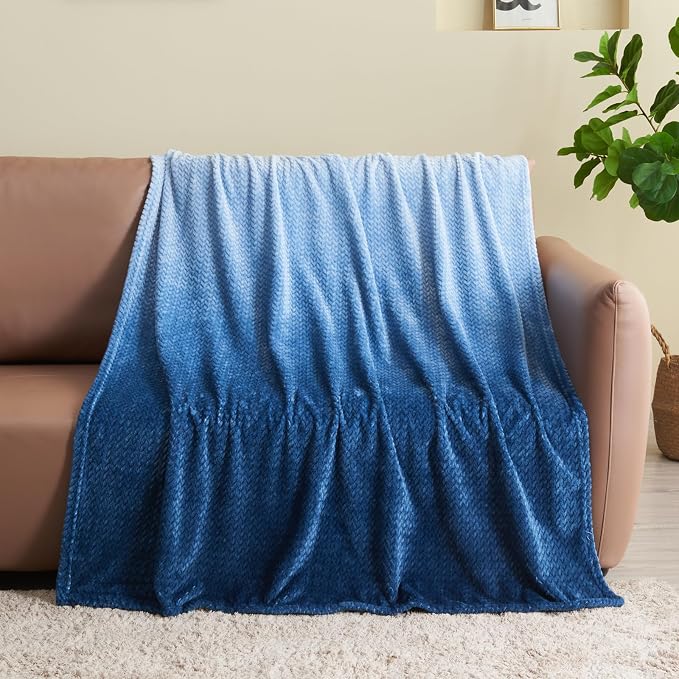 NEWCOSPLAY Fleece Leaves Pattern Throw Blanket, Ombre Blue, 50"x60" | Super Soft Throw Blanket, Lightweight Cozy Bed Sofa Blanket, Premium Silky Flannel Fleece, Travel Blanket for All Season Use
