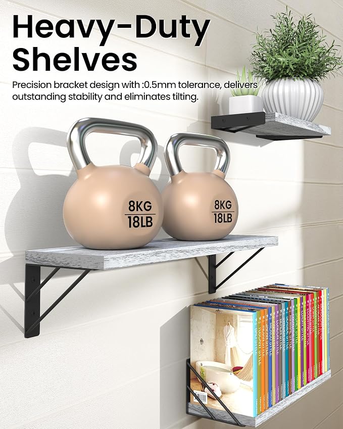 BAYKA Wall Shelves for Bedroom Decor, Floating Wall Shelves for Living Room Kitchen Storage, Mounted Rustic Wood Floating Shelves for Kids Books,Corner Shelves for Bathroom(Gray White，Set of 3)