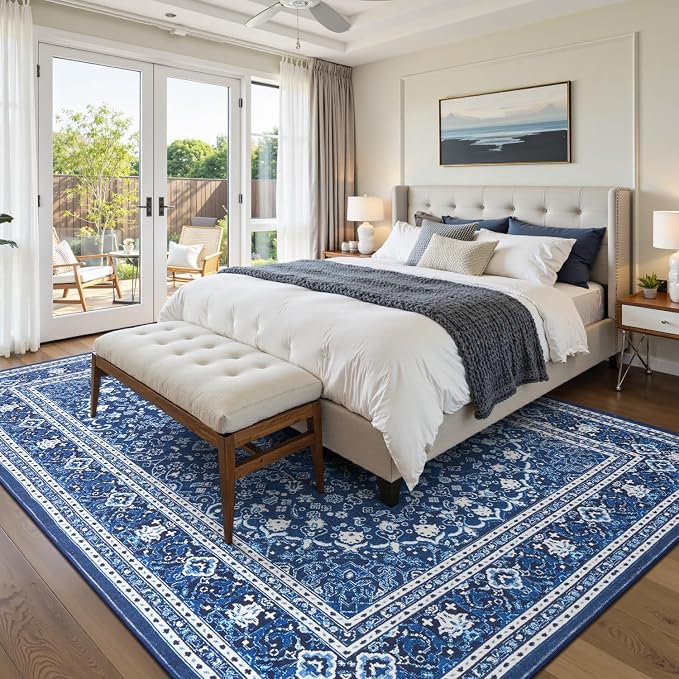 8x10 Area Rugs for Living Room, Washable Non-Slip Rug, Oriental Dark Blue | Area Rugs for Bedroom, Low Pile Large Carpets for Dining Room, Office, Indoor, Stain Resistant Vintage Oriental Print Rug