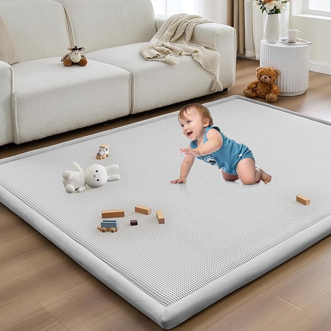 Baby Play Mat for Floor Nursery Rug Muscle Area Rug Playroom Rug 50x50" Elastic Foam 1.3" Thick Crawling Mat for Babies,Toddlers, Infants,Kids(Plaid Light Grey)