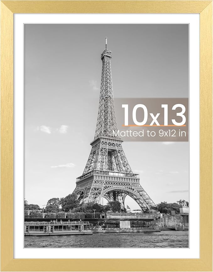 upsimples 10x13 Picture Frames, Display Pictures 9x12 with Mat or 10 x 13 Without, Wall Hanging Photo Frame, Gold, 1 Pack